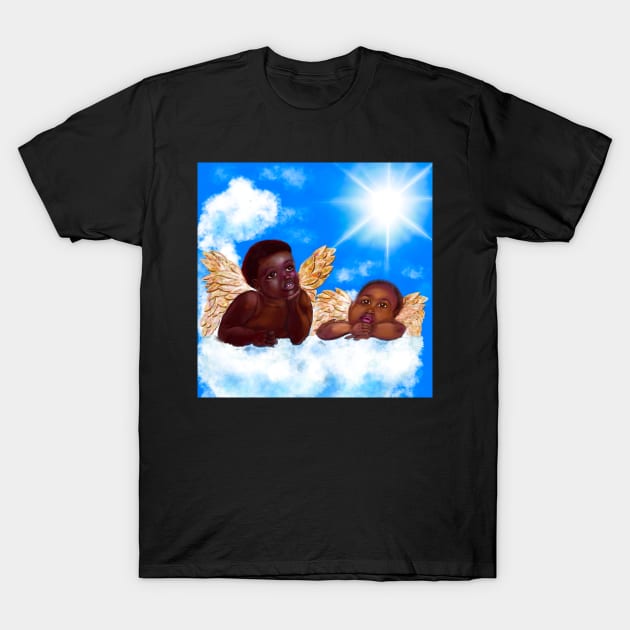 Cherubim- brown skin cherubs with curly Afro Hair and gold wings deep in thought on a cloud T-Shirt by Artonmytee